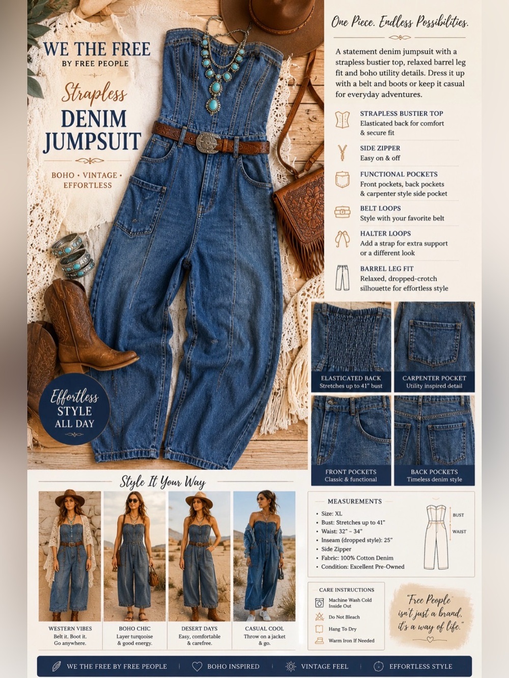 We The Free (Free People) Rare XL size  Strapless Denim Jumpsuit